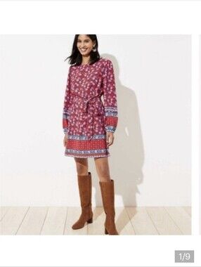 Loft Floral Red, White, & Blue Printed Long-Sleeve Belted Dress LP
